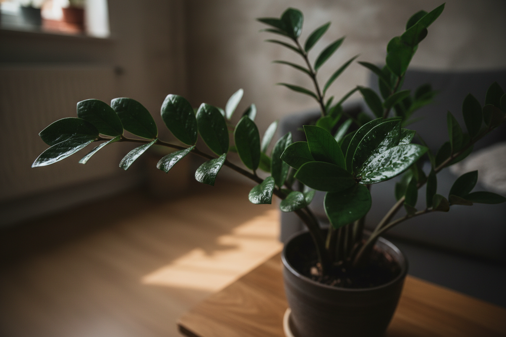 ZZ plant close-up showing glossy leaves, low light tolerant