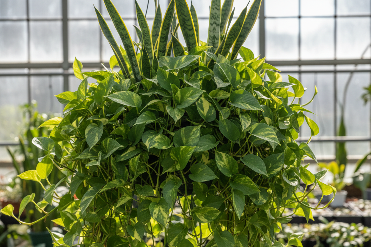 Pothos golden heartleaf trailing vine and Sansevieria sword-edge spike