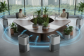 Workstation cluster with 6 air purifying plants in geometric pots on ergonomic desk