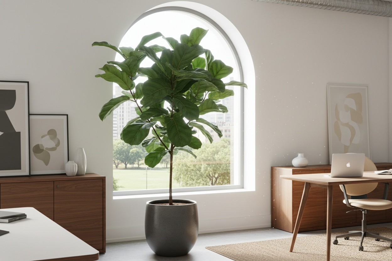 Ficus lyrata fiddle leaf fig with polished clean leaves purifying office air