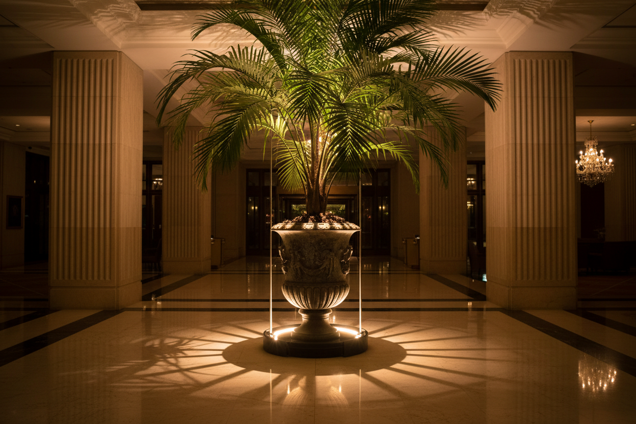 7-foot Kentia Palm in lobby urn with dramatic statement lighting