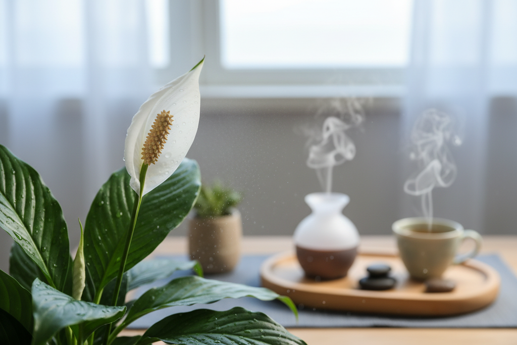 Peace Lily spathe bloom with hydrating mist in wellness corner