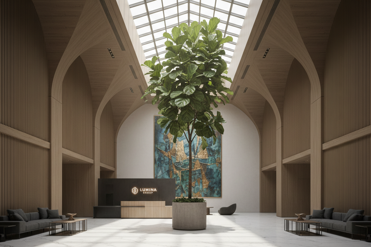 Reception Fiddle Leaf Fig in concrete plinth creating dramatic foyer majesty