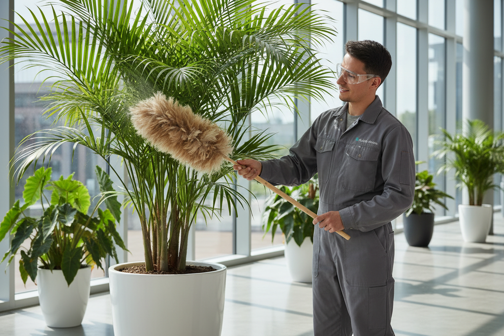 Professional technician gently dusting Kentia Palm with feather duster