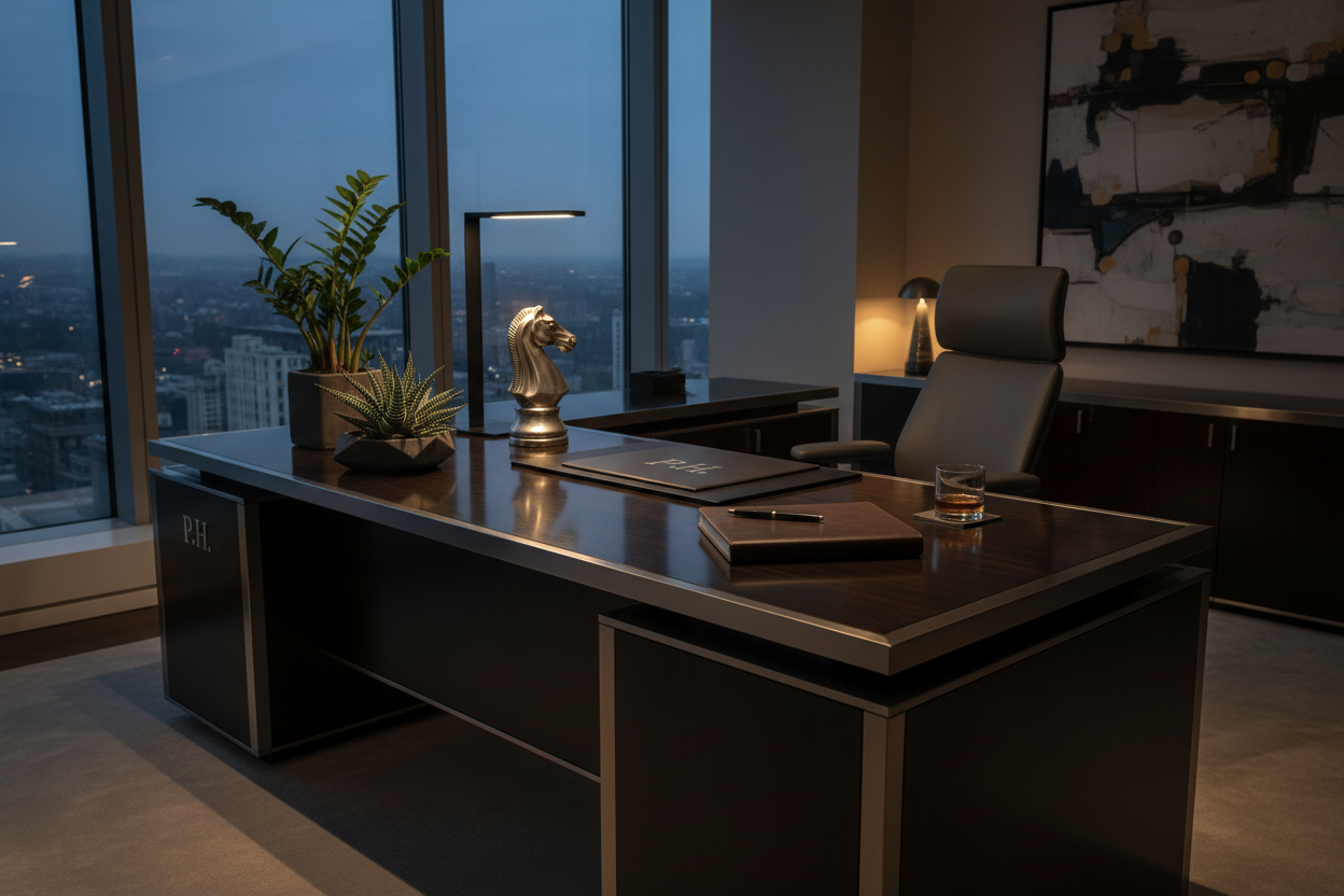 C-suite desk with ZZ, Philodendron, and Haworthia creating command presence