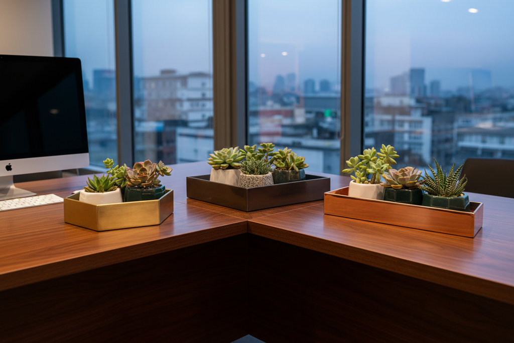 Executive succulent collection in geometric pots on corner desk