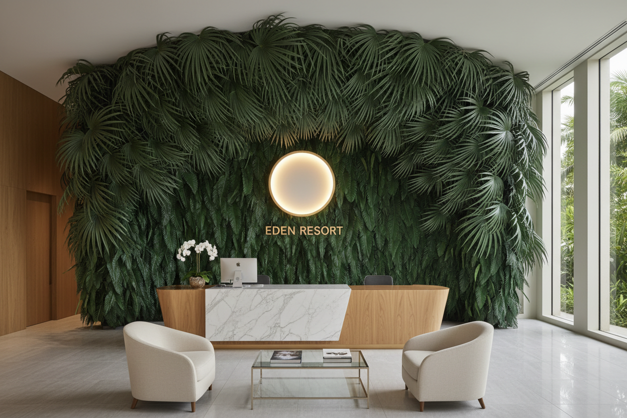 Kentia Palm fronds arching elegantly as reception desk backdrop