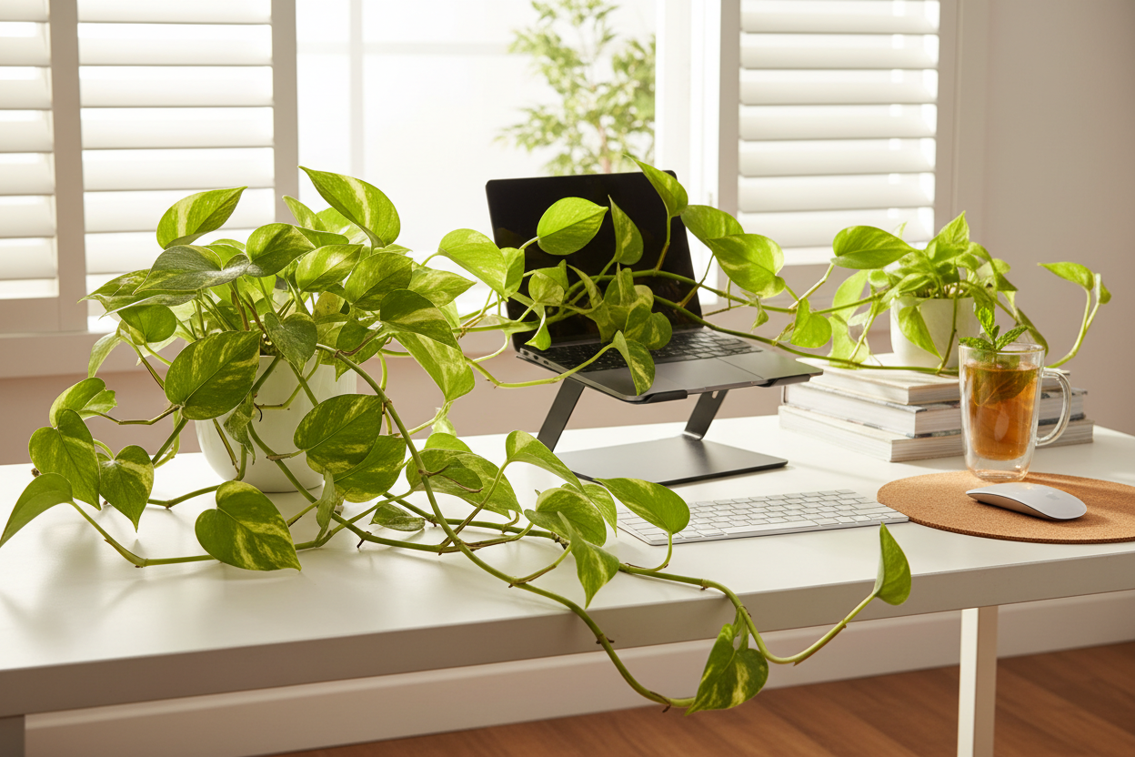 Pothos plant trailing on modern desk workspace with healthy glow