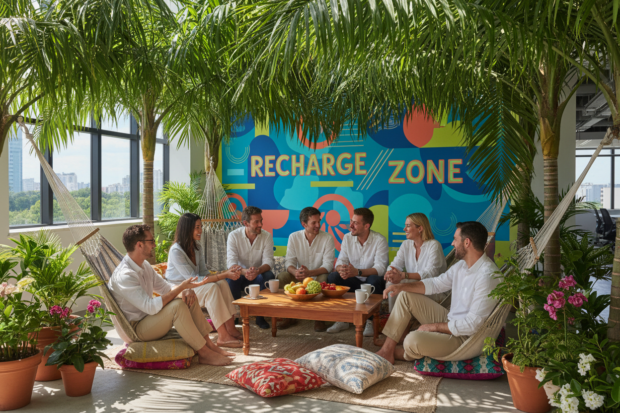 Team chatting in palm-shaded relaxation nook for vibrant recharge