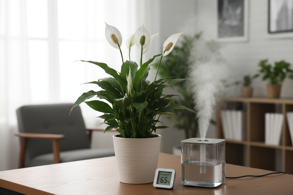 Peace Lily bloom with white spathe, humidity-loving office plant