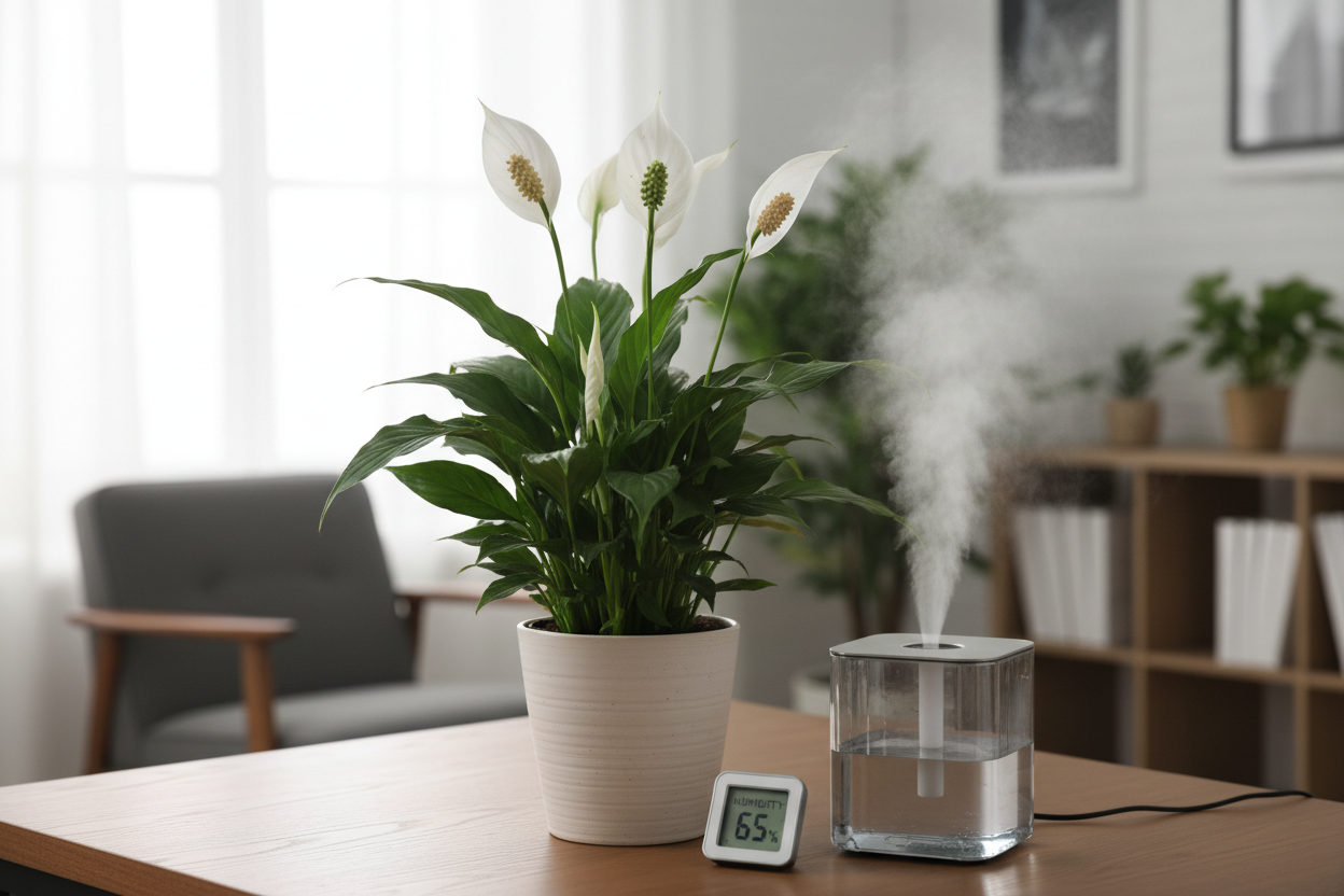 Peace Lily bloom with white spathe, humidity-loving office plant