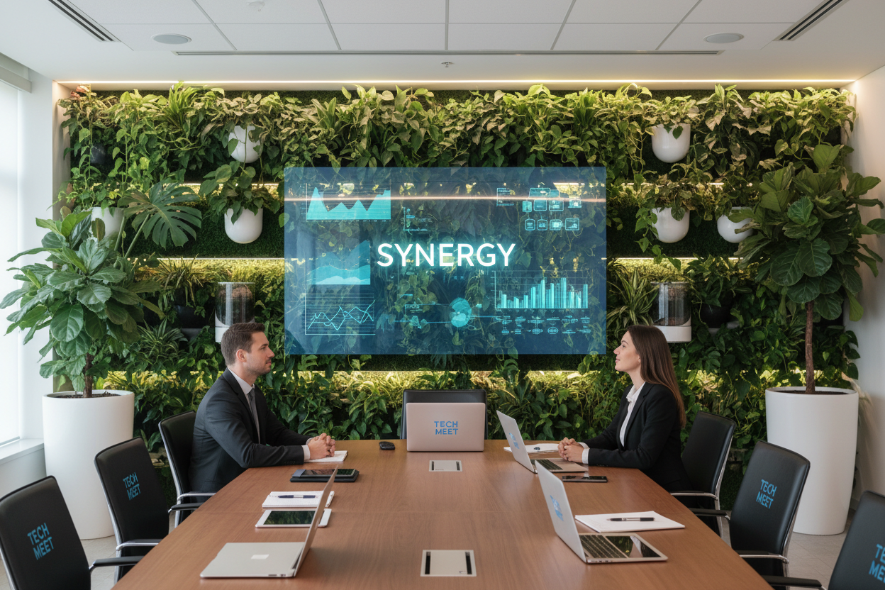 Office plants as professional serene backdrop in tech meeting room