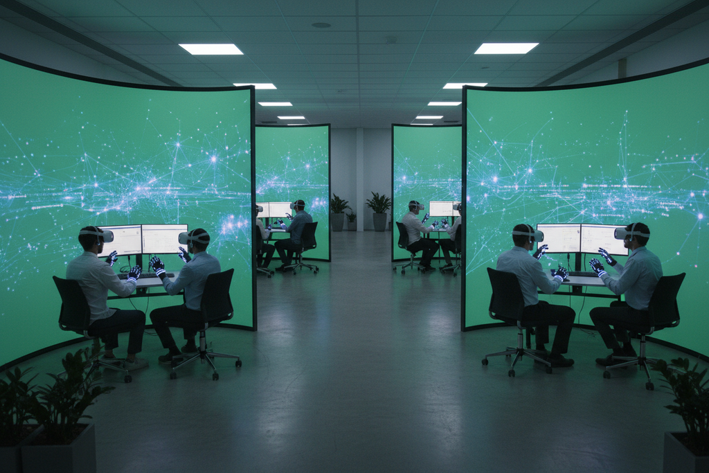 Teams partitioned by green screens working in focused flow and harmony