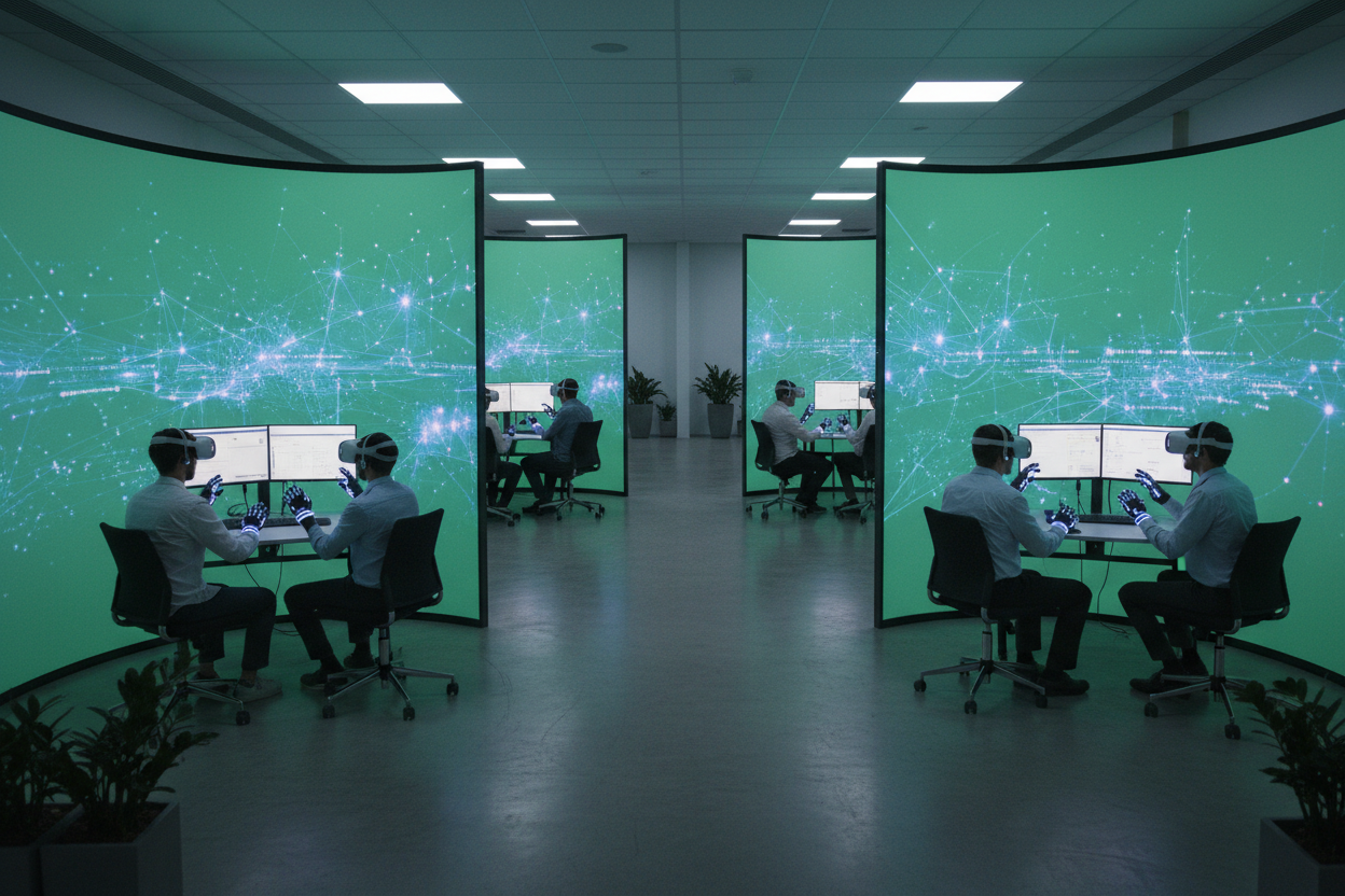 Teams partitioned by green screens working in focused flow and harmony