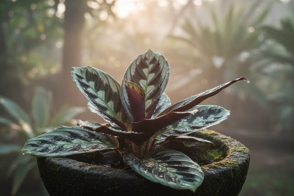Calathea prayer leaves with patterned mist and dew in zen fold