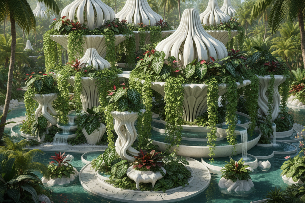 Pinnacle pavilion with Raphidophora, Anthurium, Alocasia and Zamioculcas in porcelain creating oasis