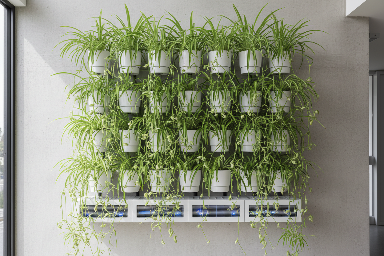Spider plant with pups hanging in air purifying vertical garden