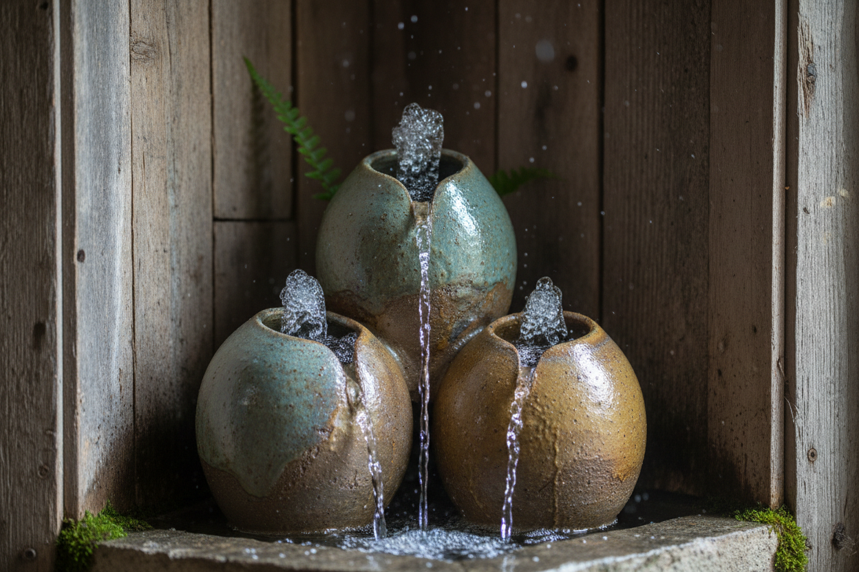 Focus pod trio of air purifying plants in stoneware vessels for solo concentration nook