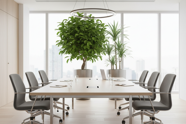 Conference room with Ficus and Dracaena plants in decorative stands centered on modern table