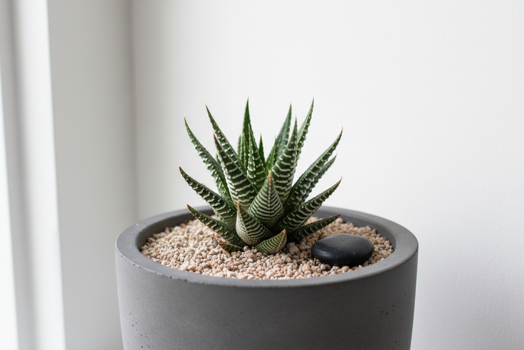 Haworthia zebra plant with distinctive stripes, low water executive minimalism
