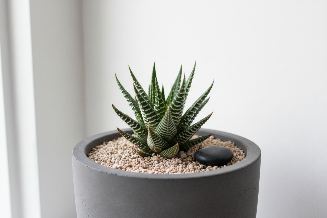 Haworthia zebra plant with distinctive stripes, low water executive minimalism