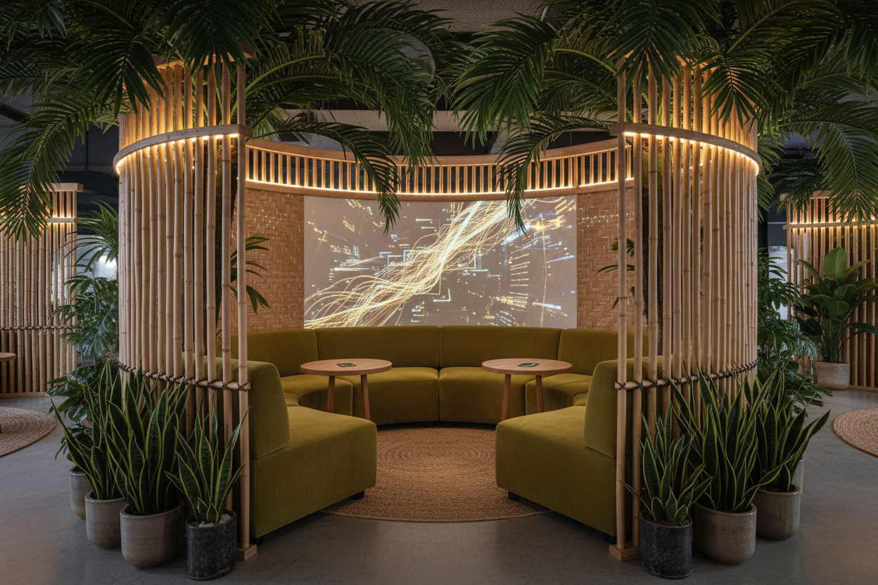 Huddle nook with Parlor Palm and Aspidistra in bamboo lattice creating intimate synergy