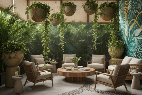 Break area with Areca palms and Pothos in woven vessels creating lounge vibe