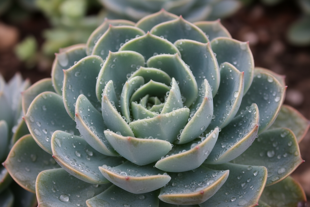 Echeveria rosette with tight blue succulent leaves and dew drops