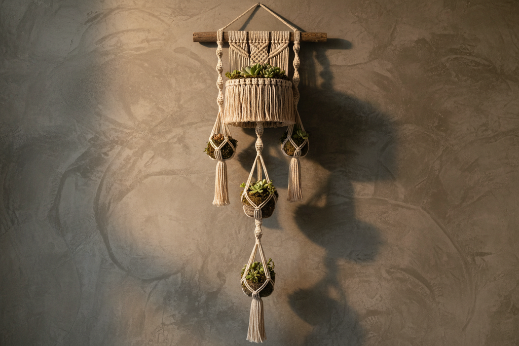 Task wall with quad cascade of plants in macrame pods creating vertical flow