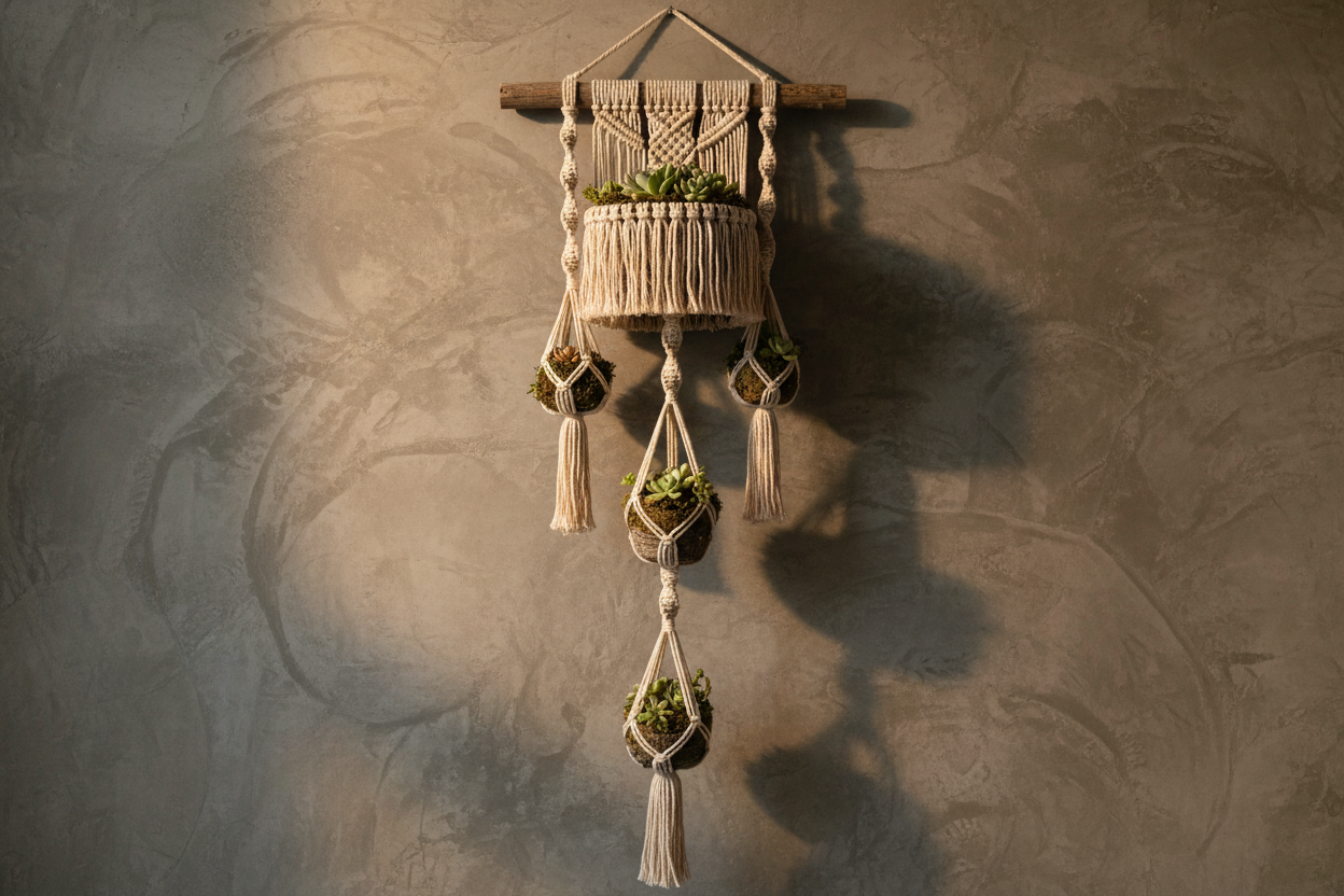 Task wall with quad cascade of plants in macrame pods creating vertical flow