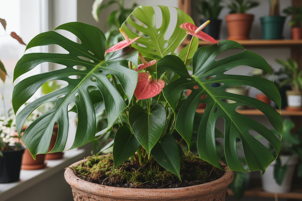 Monstera swiss cheese holes fenestrated and Anthurium heart spathe