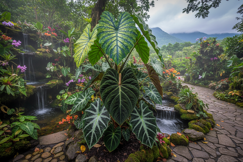 Anthurium velvet heart and Alocasia dragon scales creating pavilion paradise peak