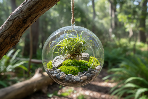 Hanging glass orb terrarium with air plants and moss