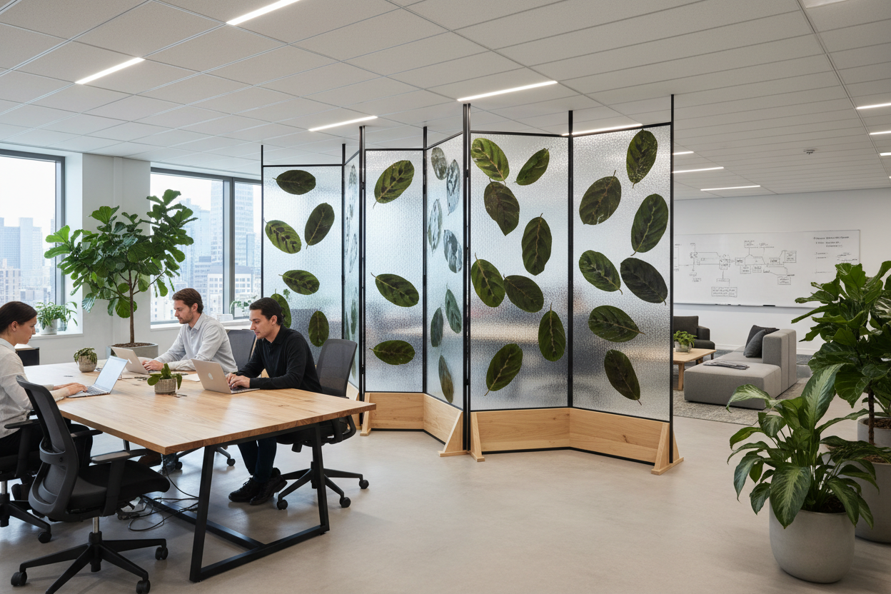 Zen divider with Calathea and Chinese Evergreen panels in collaborative open plan office