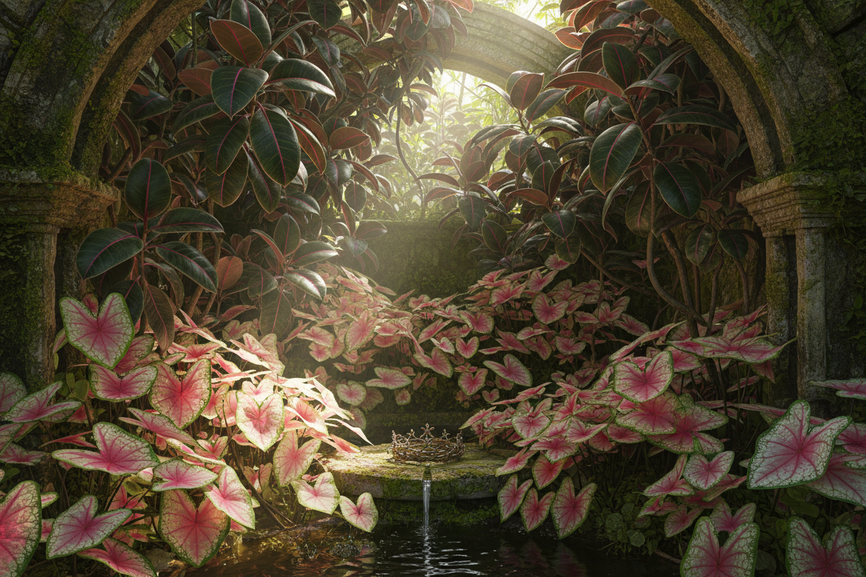 Ficus elastica burgundy veins and Caladium hearts creating alcove reign