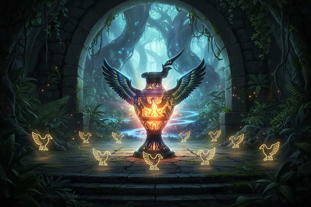 Entry Bird of Paradise in obsidian urn creating glowing threshold radiance