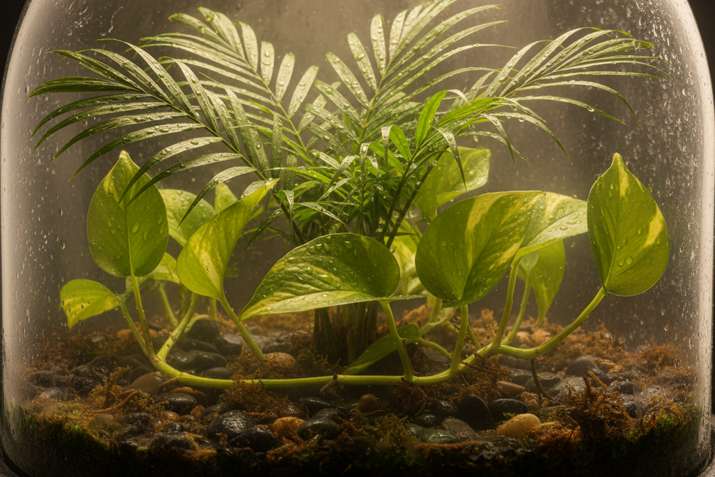 Areca palm feathery fronds and Pothos vines in lush humidity dome
