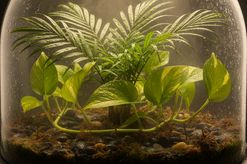 Areca palm feathery fronds and Pothos vines in lush humidity dome