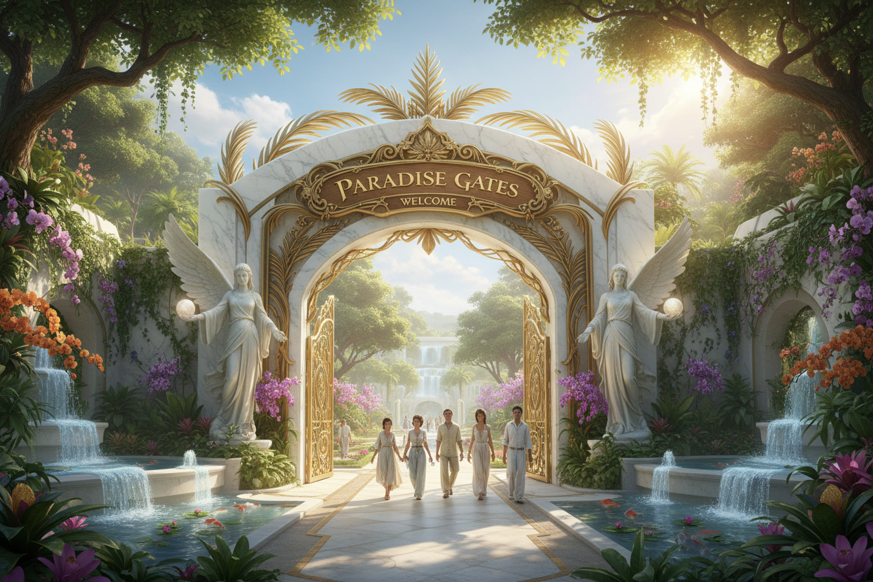 Visitors at entry bathed in Bird of Paradise flair and welcoming splendor