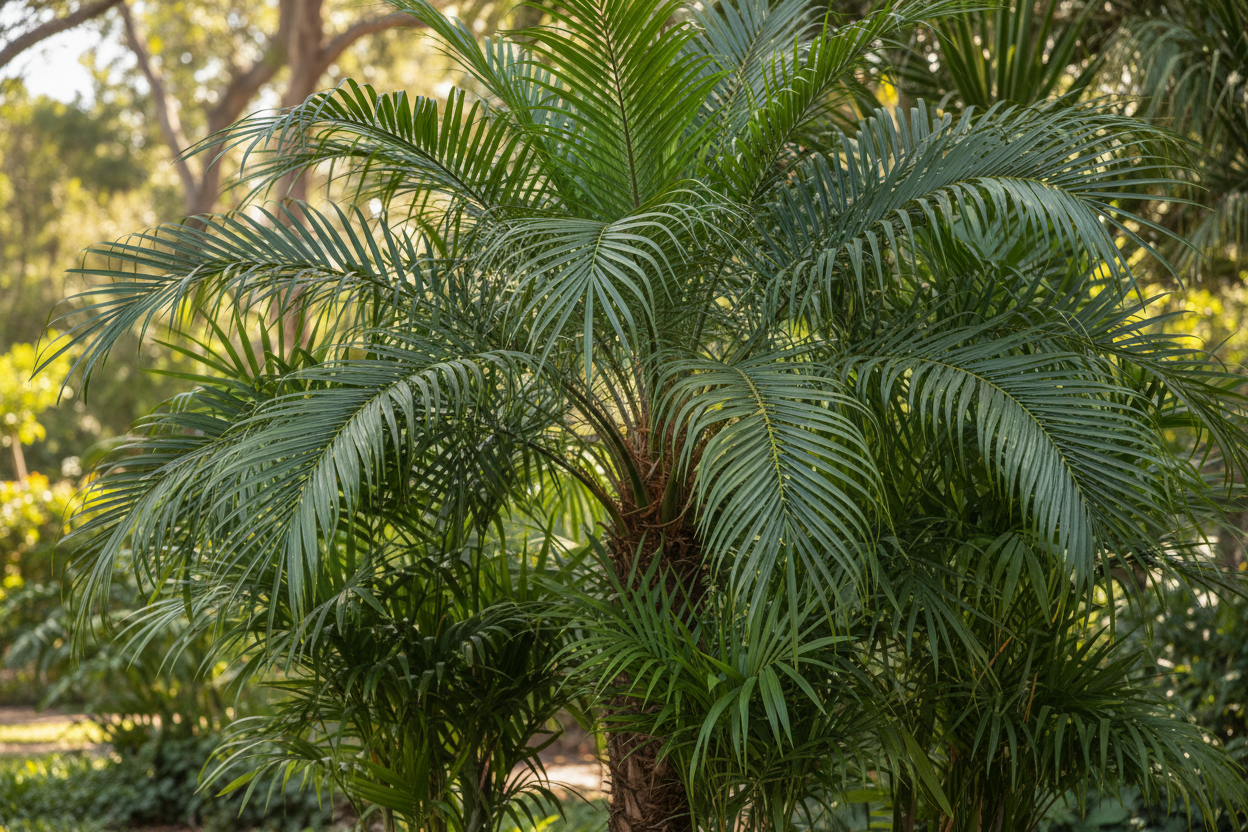 Phoenix palm fronds arching regal and Chamaedorea bamboo elegance