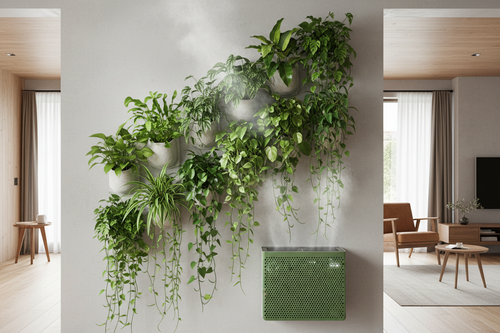 Plant wall with 5 pockets creating green cascade of air purifying plants