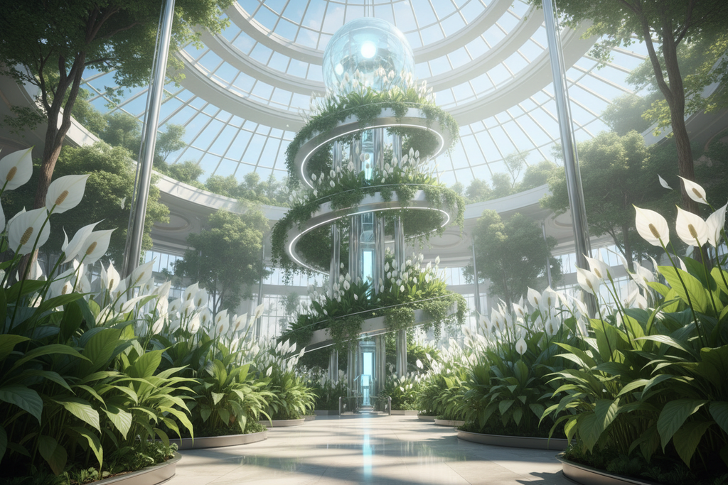 Spathiphyllum peace blooms in atrium creating ether purified pinnacle