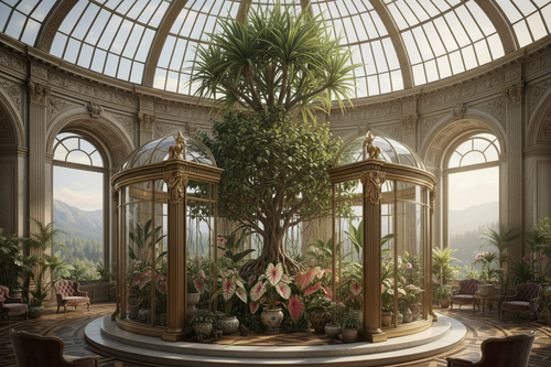 Apex alcove with Dracaena, Ficus and Caladium in vitrine creating imperial arboretum