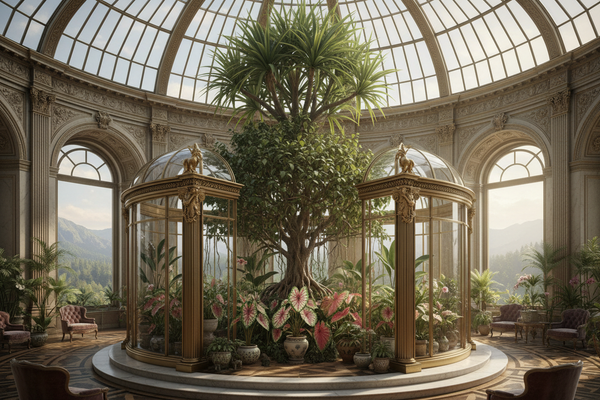 Apex alcove with Dracaena, Ficus and Caladium in vitrine creating imperial arboretum
