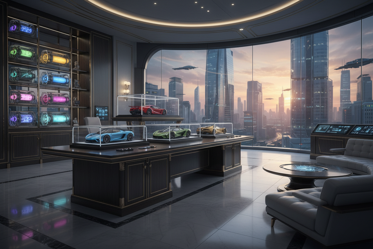 Executive sanctum with 5 exotic plants in glazed cachets creating power suite