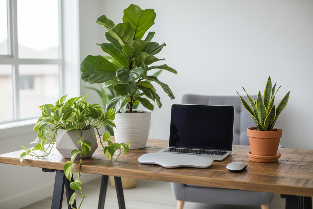 Office Desk Plant Starter Pack with 3 lush green plants in ceramic pots on office desk