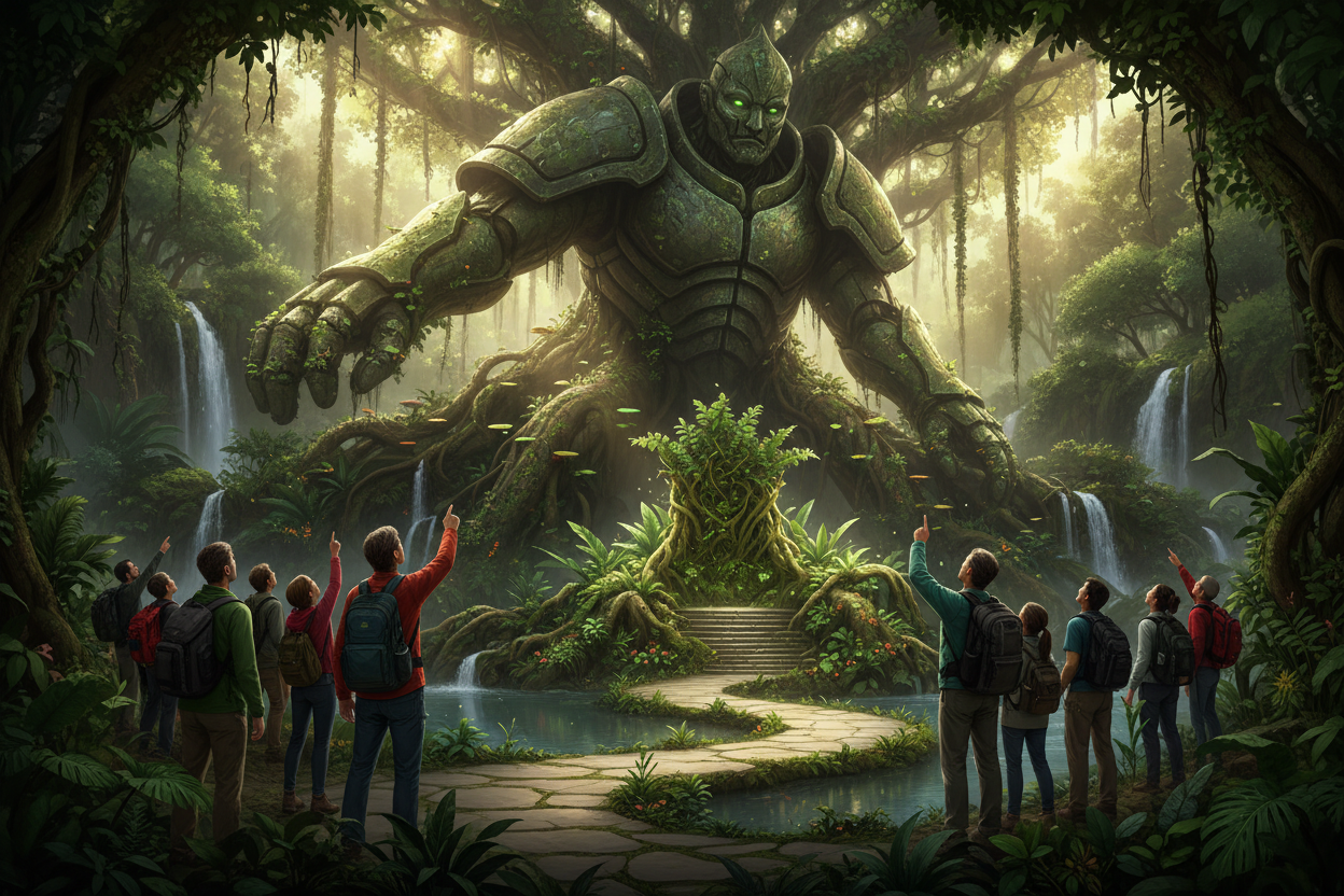 Visitors awed by Fiddle Leaf Fig sentinel creating eternal green throne welcome